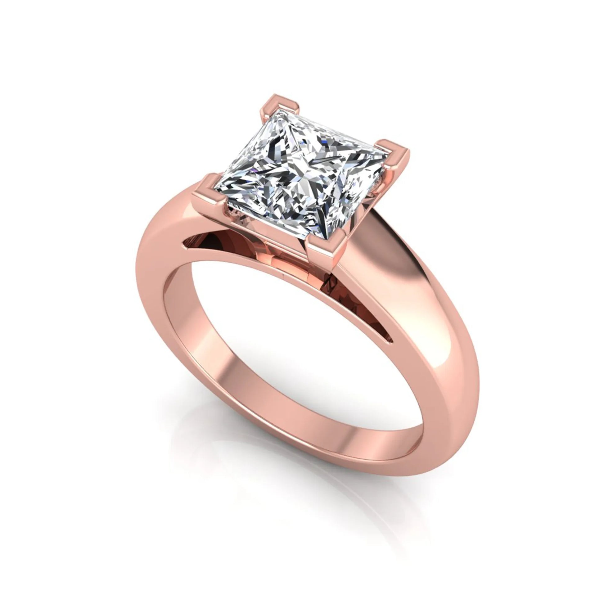 Princess cut four prong lab grown diamond solitaire engagement ring with a rose gold tone band featuring an IGI certified center diamond.