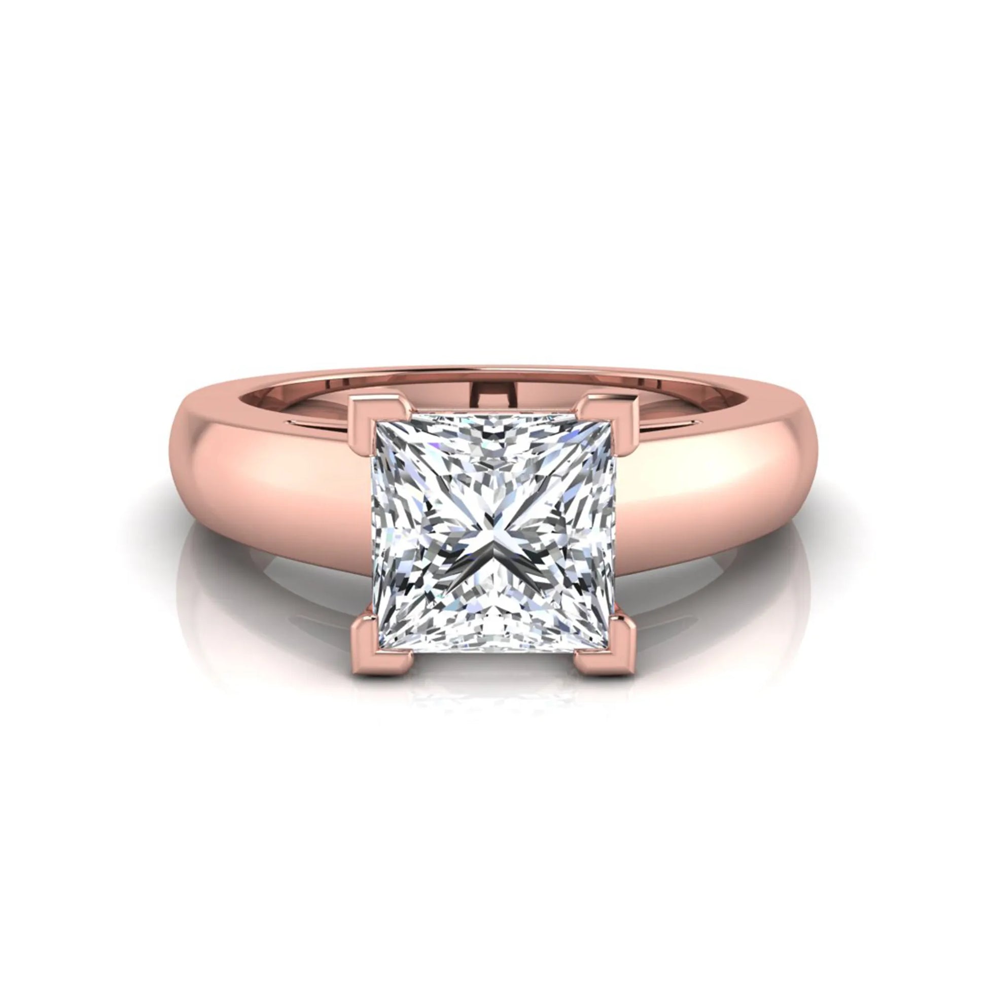 Princess cut four prong lab grown diamond solitaire engagement ring with a rose gold tone band featuring an IGI certified center diamond.