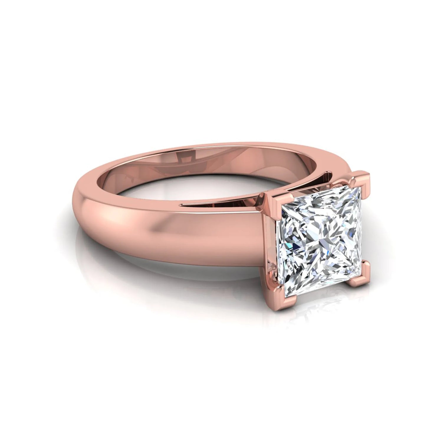 Princess cut four prong lab grown diamond solitaire engagement ring with a rose gold tone band featuring an IGI certified center diamond.