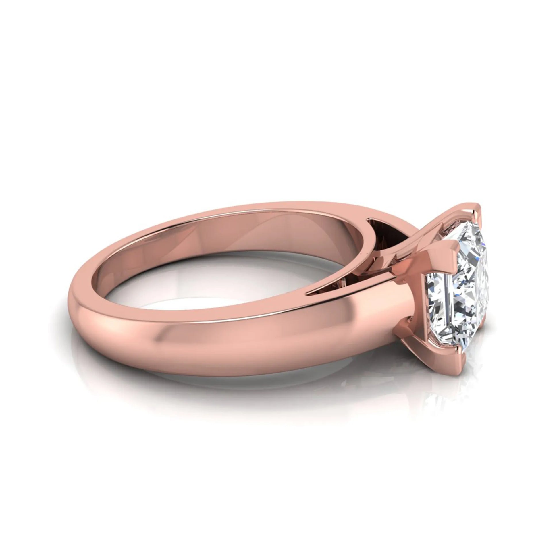 Princess cut four prong lab grown diamond solitaire engagement ring with a rose gold tone band featuring an IGI certified center diamond.