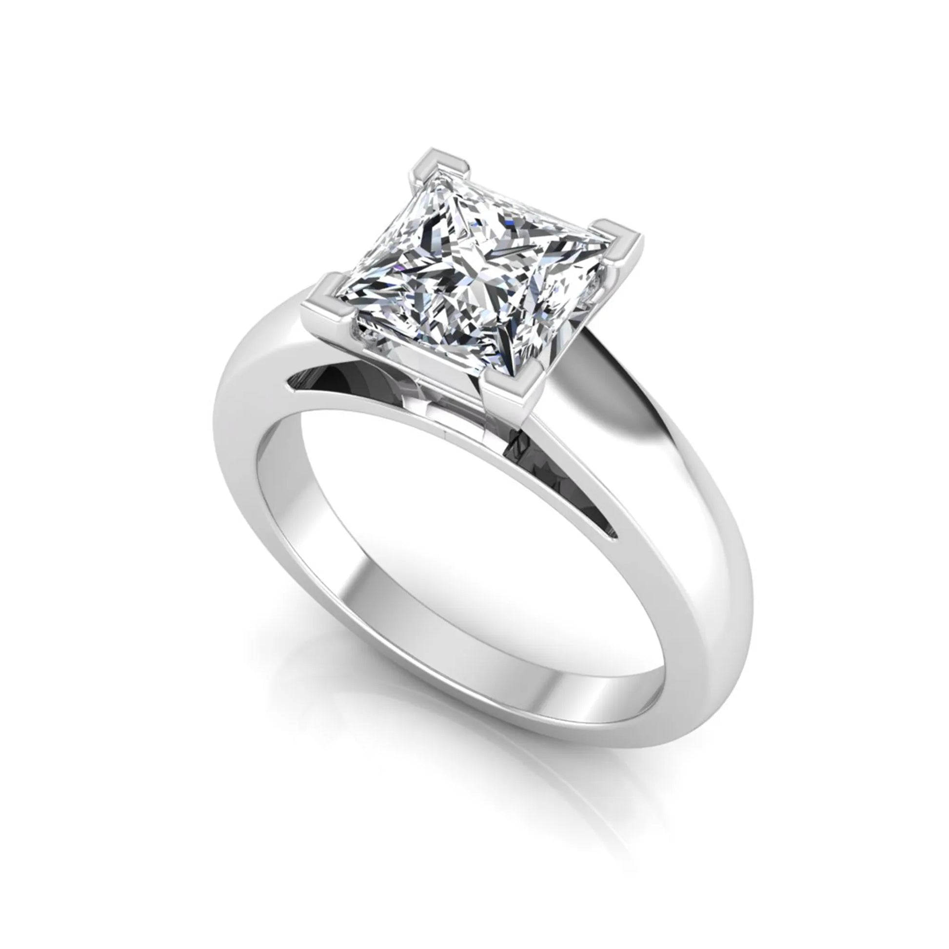 Princess cut four prong lab grown diamond solitaire engagement ring with a white gold tone band featuring an IGI certified center diamond.