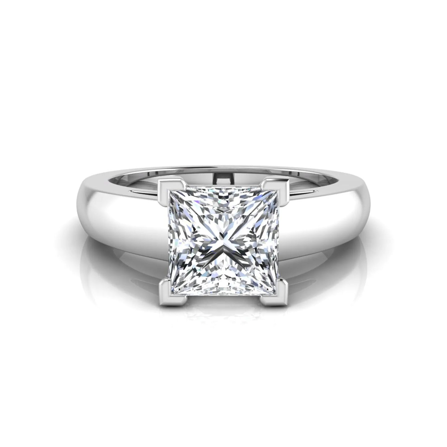 Princess cut four prong lab grown diamond solitaire engagement ring with a white gold tone band featuring an IGI certified center diamond.