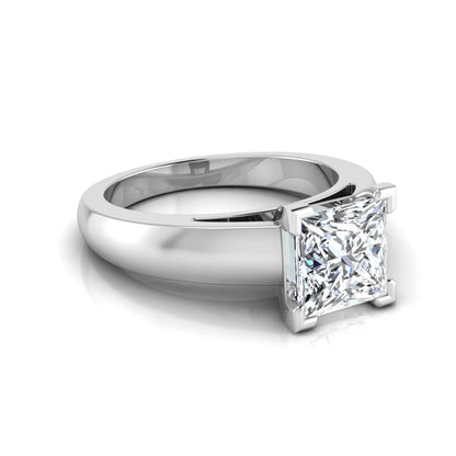 Princess cut four prong lab grown diamond solitaire engagement ring with a white gold tone band featuring an IGI certified center diamond.