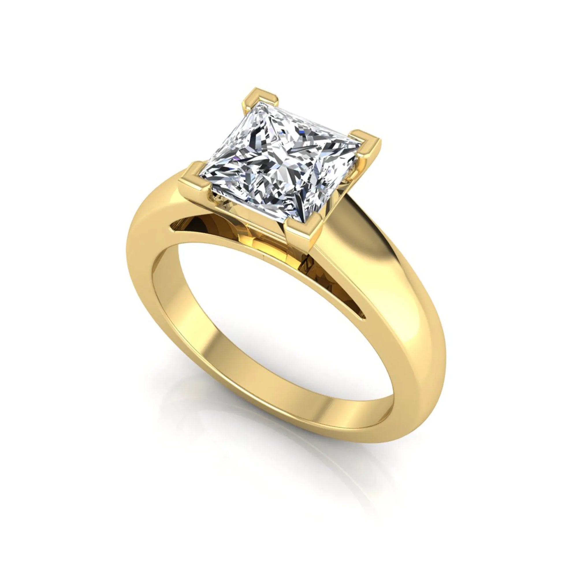 Princess cut four prong lab grown diamond solitaire engagement ring with a yellow gold tone band featuring an IGI certified center diamond.
