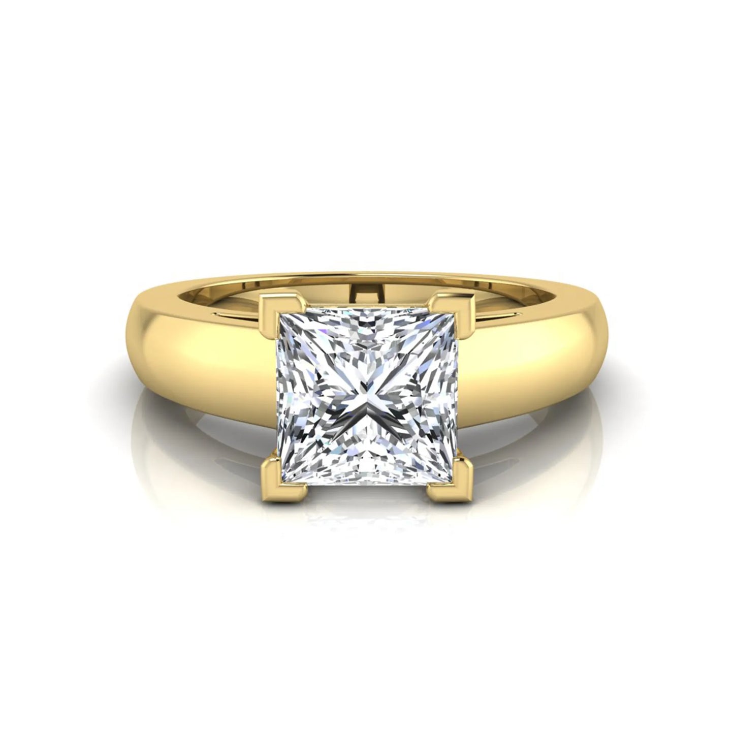 Princess cut four prong lab grown diamond solitaire engagement ring with a yellow gold tone band featuring an IGI certified center diamond.