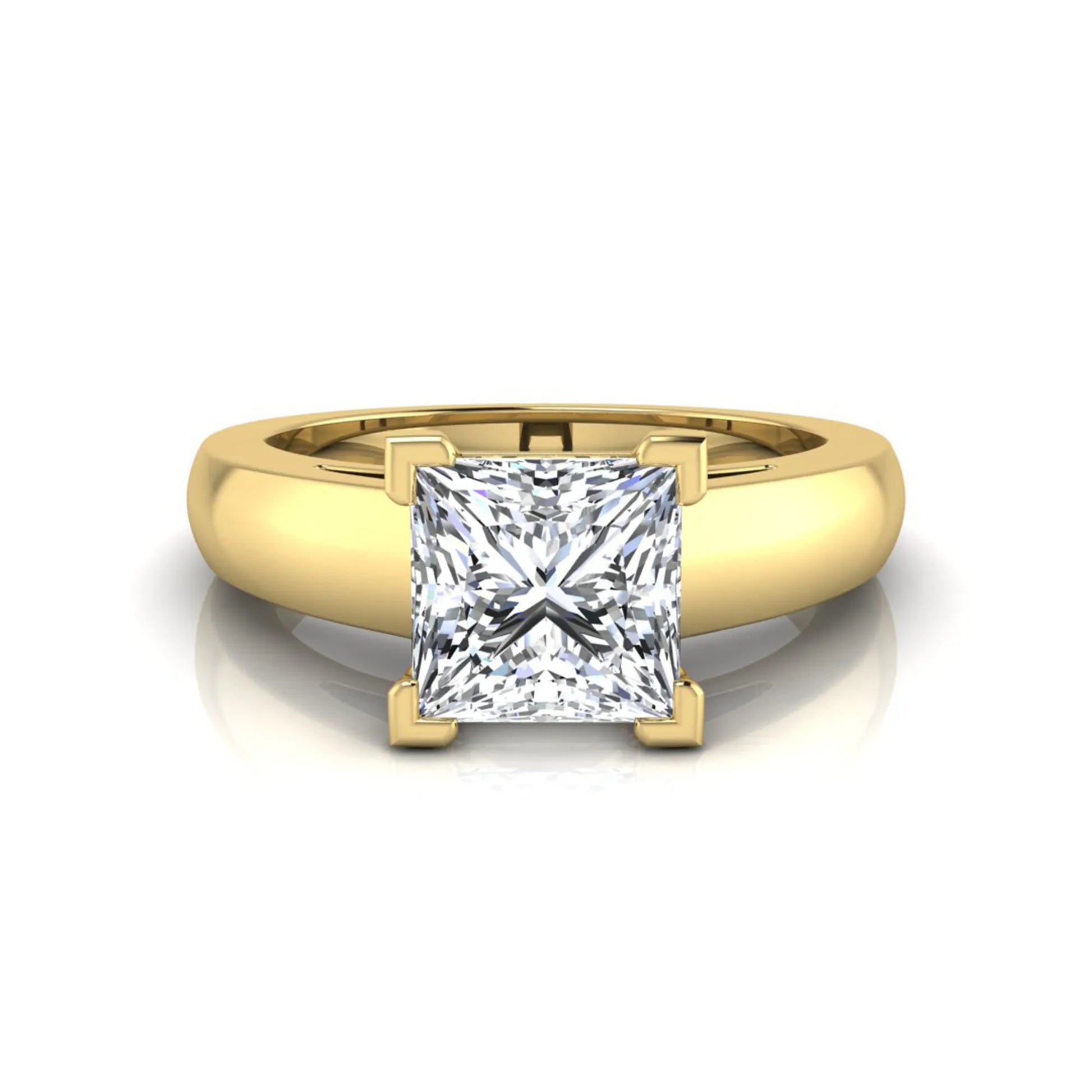 Princess cut four prong lab grown diamond solitaire engagement ring with a yellow gold tone band featuring an IGI certified center diamond.