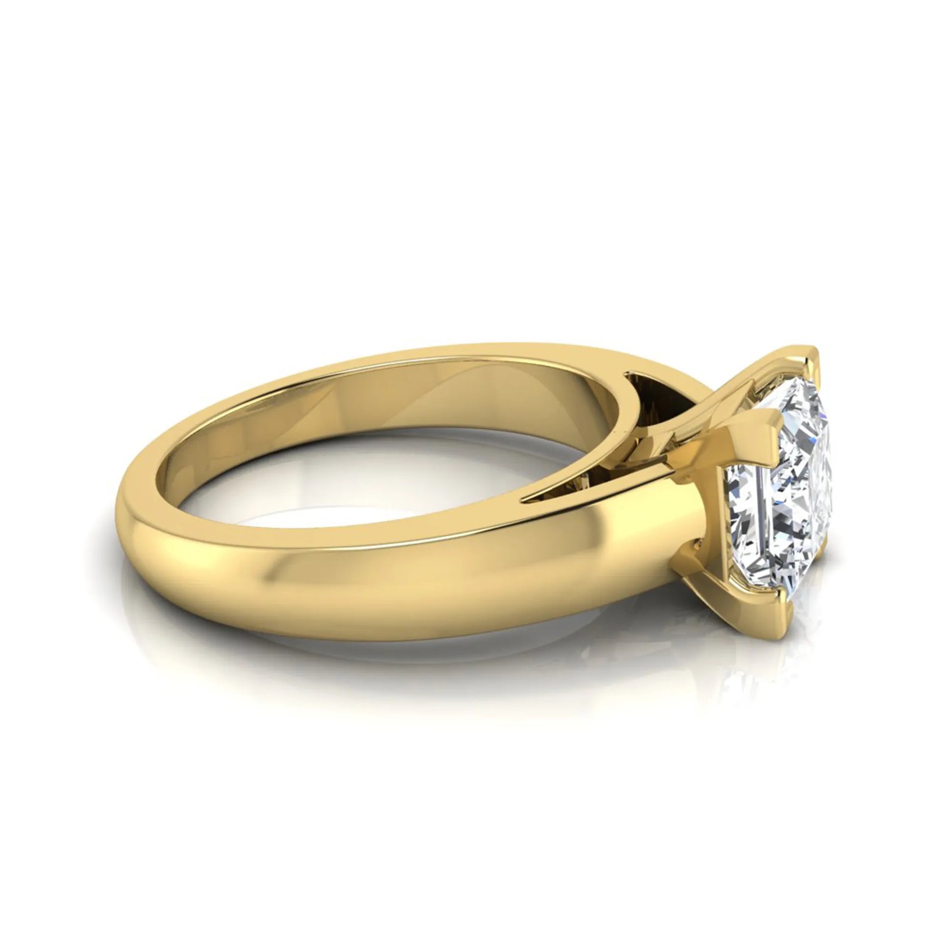Princess cut four prong lab grown diamond solitaire engagement ring with a yellow gold tone band featuring an IGI certified center diamond.