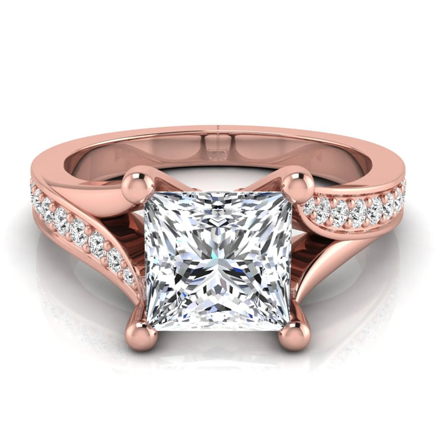 Princess cut lab grown diamond split shank engagement ring featuring a four-prong setting with round accent diamonds in a rose gold tone design.