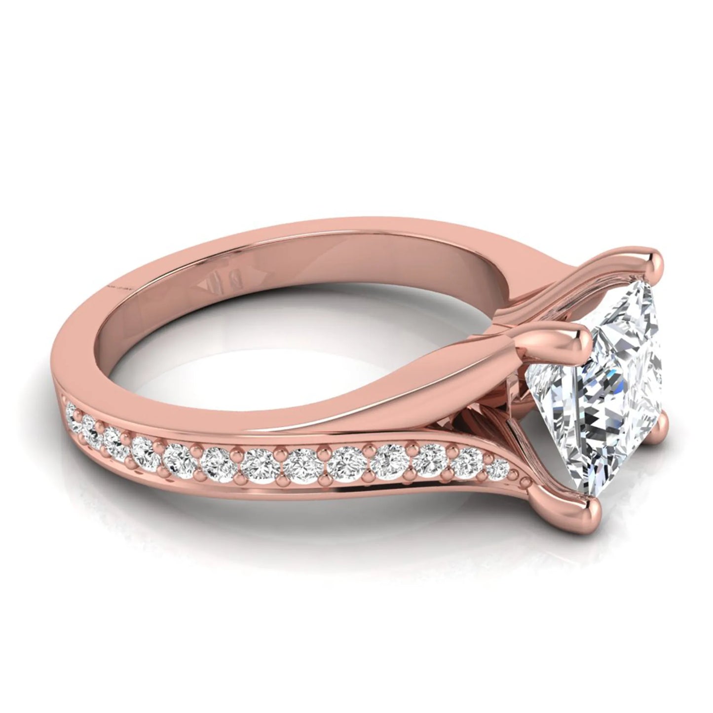 Princess cut lab grown diamond split shank engagement ring featuring a four-prong setting with round accent diamonds in a rose gold tone design.
