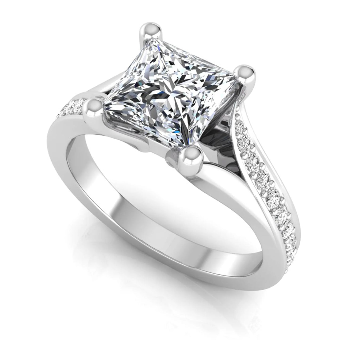 Princess cut lab grown diamond split shank engagement ring featuring a four-prong setting with round accent diamonds in a white gold tone design.
