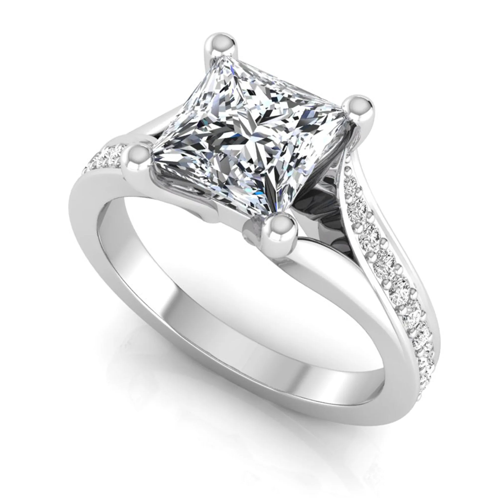 Princess cut lab grown diamond split shank engagement ring featuring a four-prong setting with round accent diamonds in a white gold tone design.