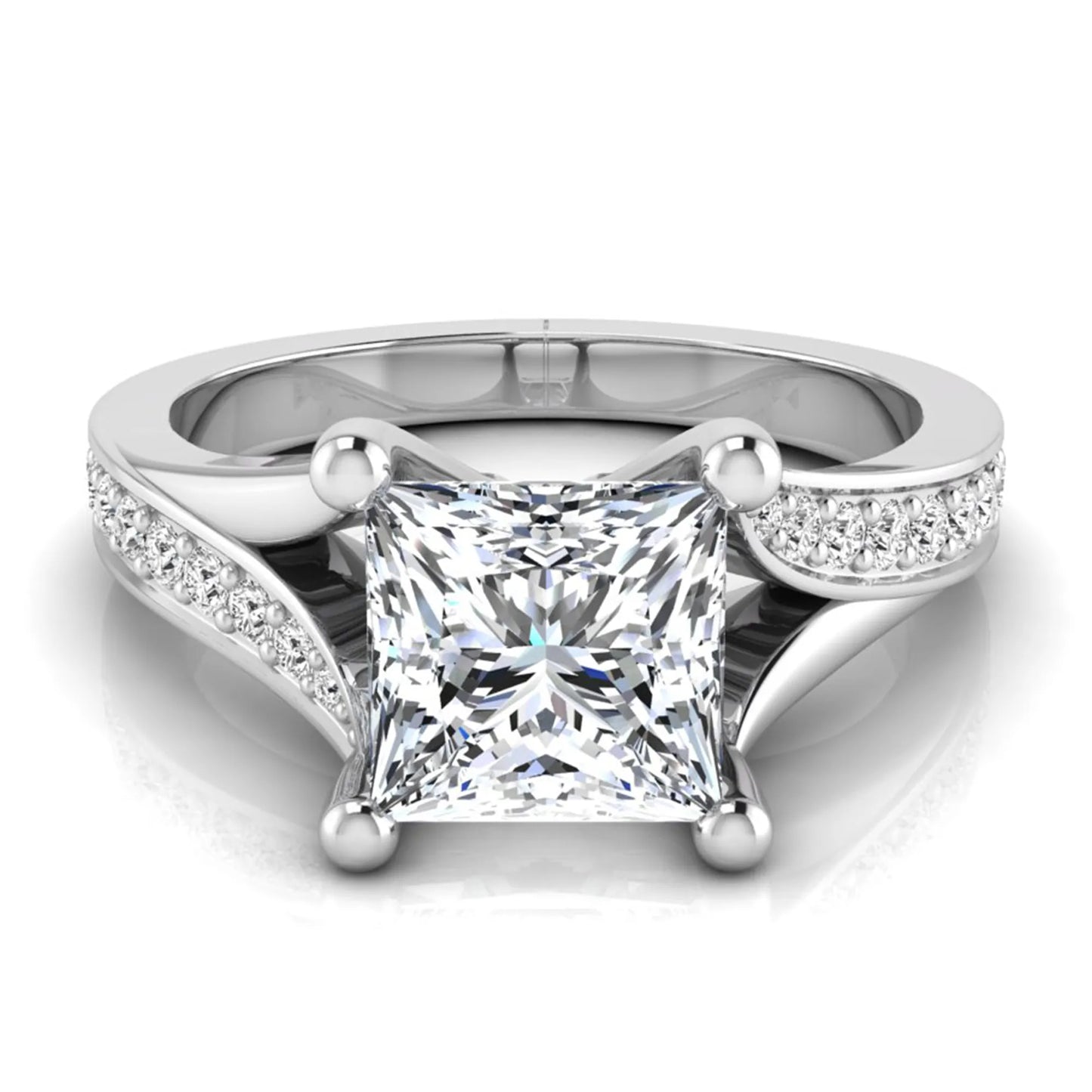 Princess cut lab grown diamond split shank engagement ring featuring a four-prong setting with round accent diamonds in a white gold tone design.
