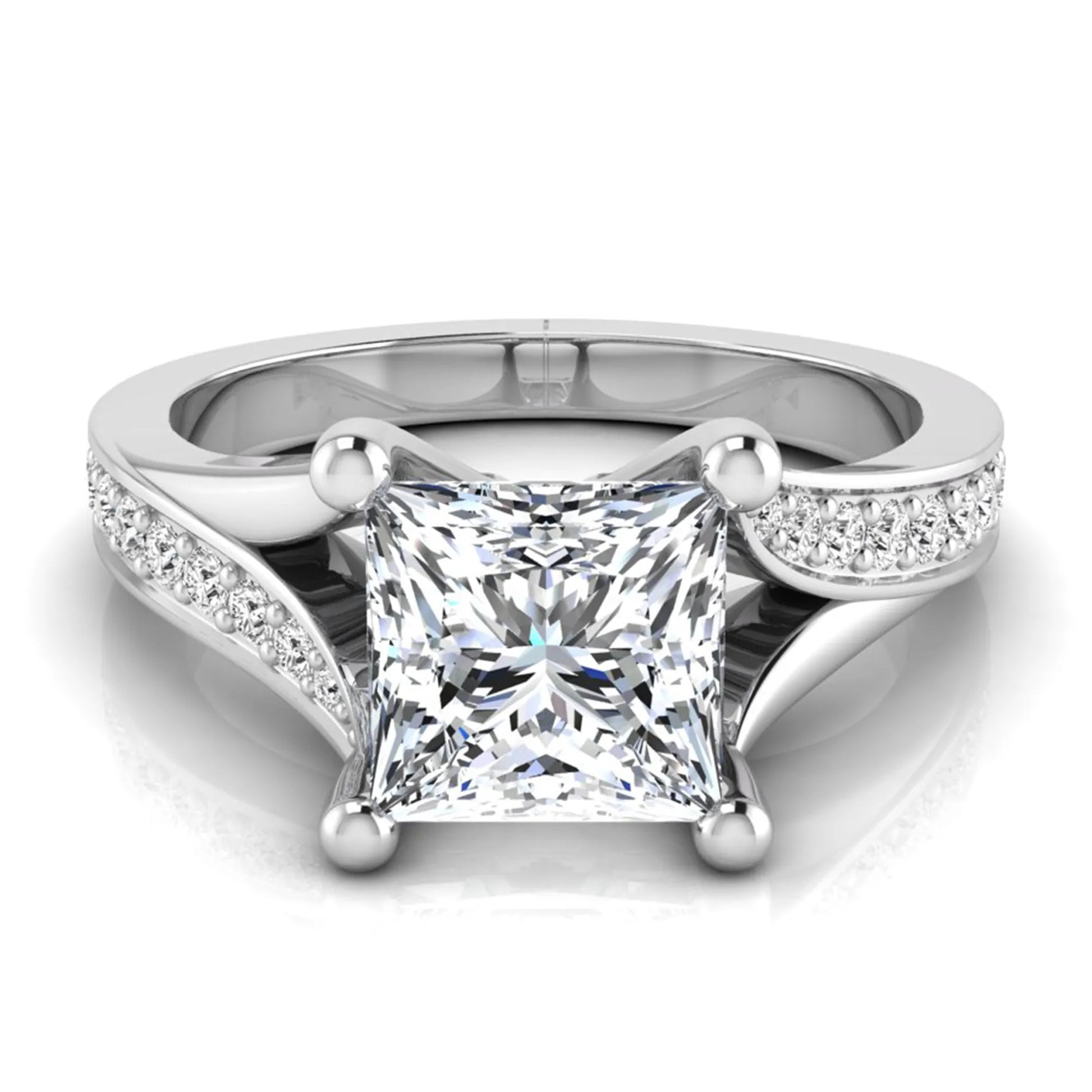 Princess cut lab grown diamond split shank engagement ring featuring a four-prong setting with round accent diamonds in a white gold tone design.