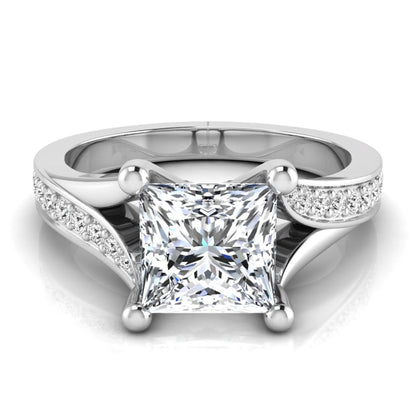 Princess cut lab grown diamond split shank engagement ring featuring a four-prong setting with round accent diamonds in a white gold tone design.