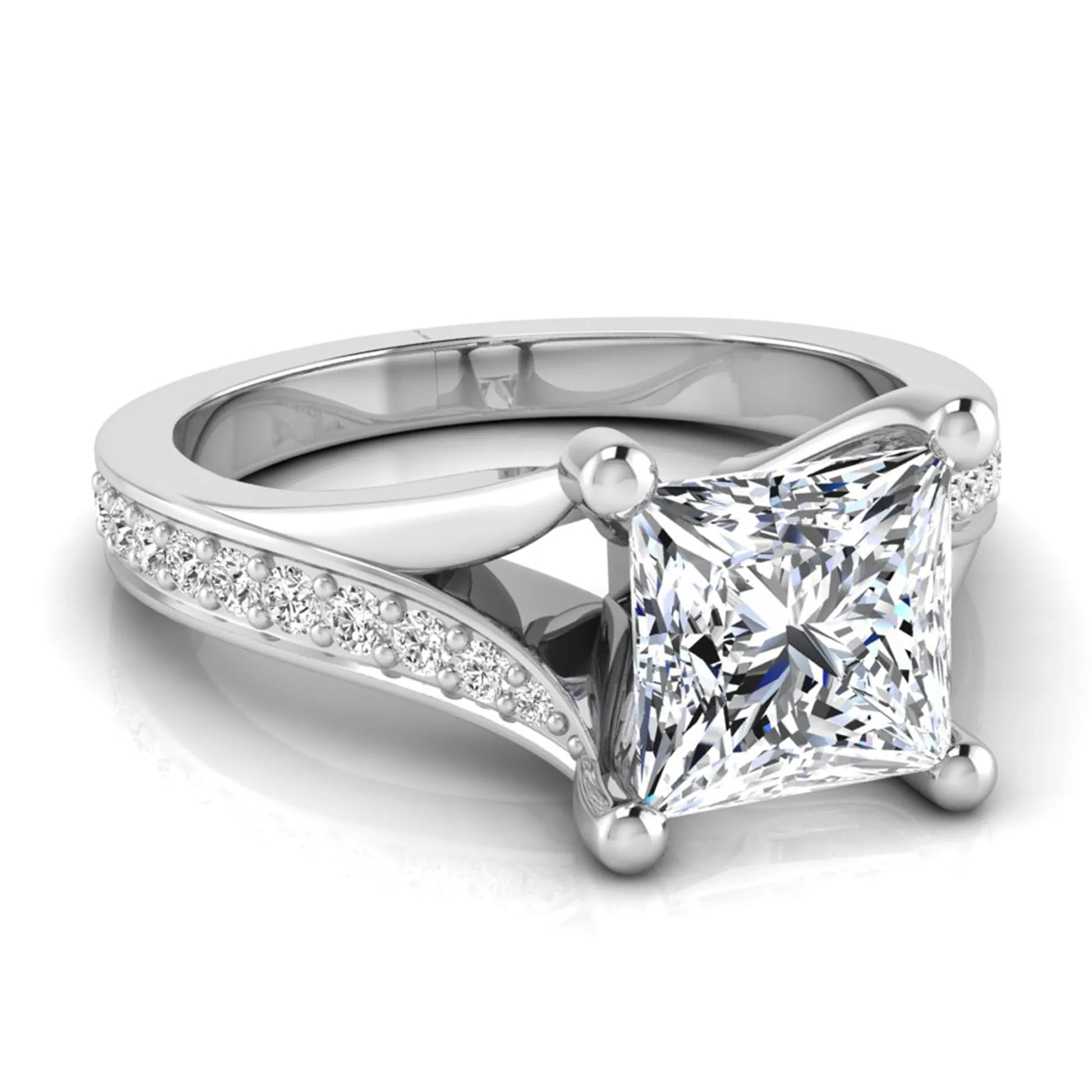 Princess cut lab grown diamond split shank engagement ring featuring a four-prong setting with round accent diamonds in a white gold tone design.