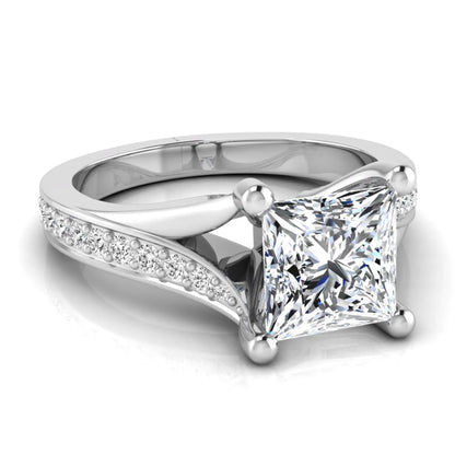 Princess cut lab grown diamond split shank engagement ring featuring a four-prong setting with round accent diamonds in a white gold tone design.