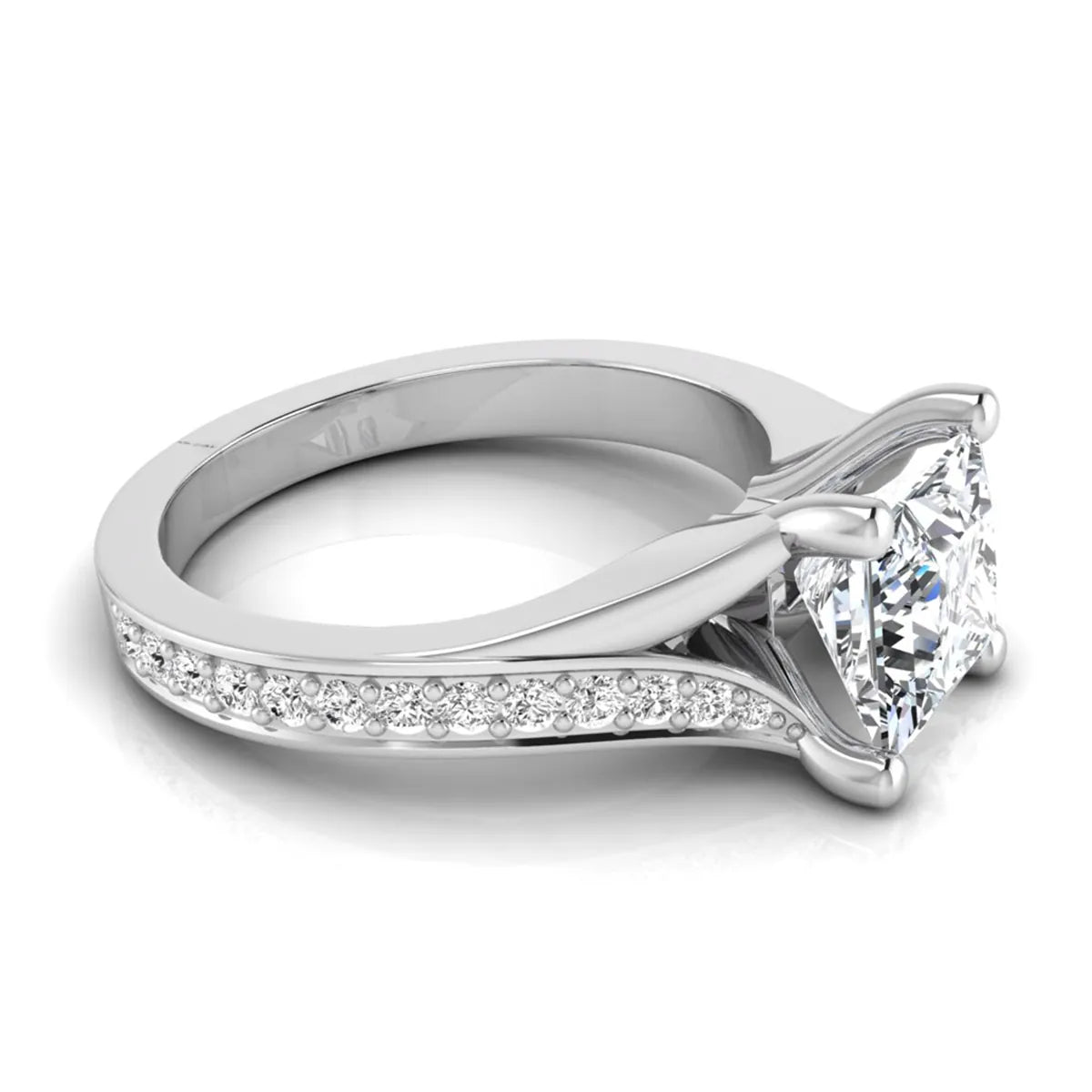Princess cut lab grown diamond split shank engagement ring featuring a four-prong setting with round accent diamonds in a white gold tone design.