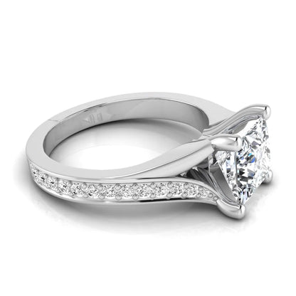 Princess cut lab grown diamond split shank engagement ring featuring a four-prong setting with round accent diamonds in a white gold tone design.