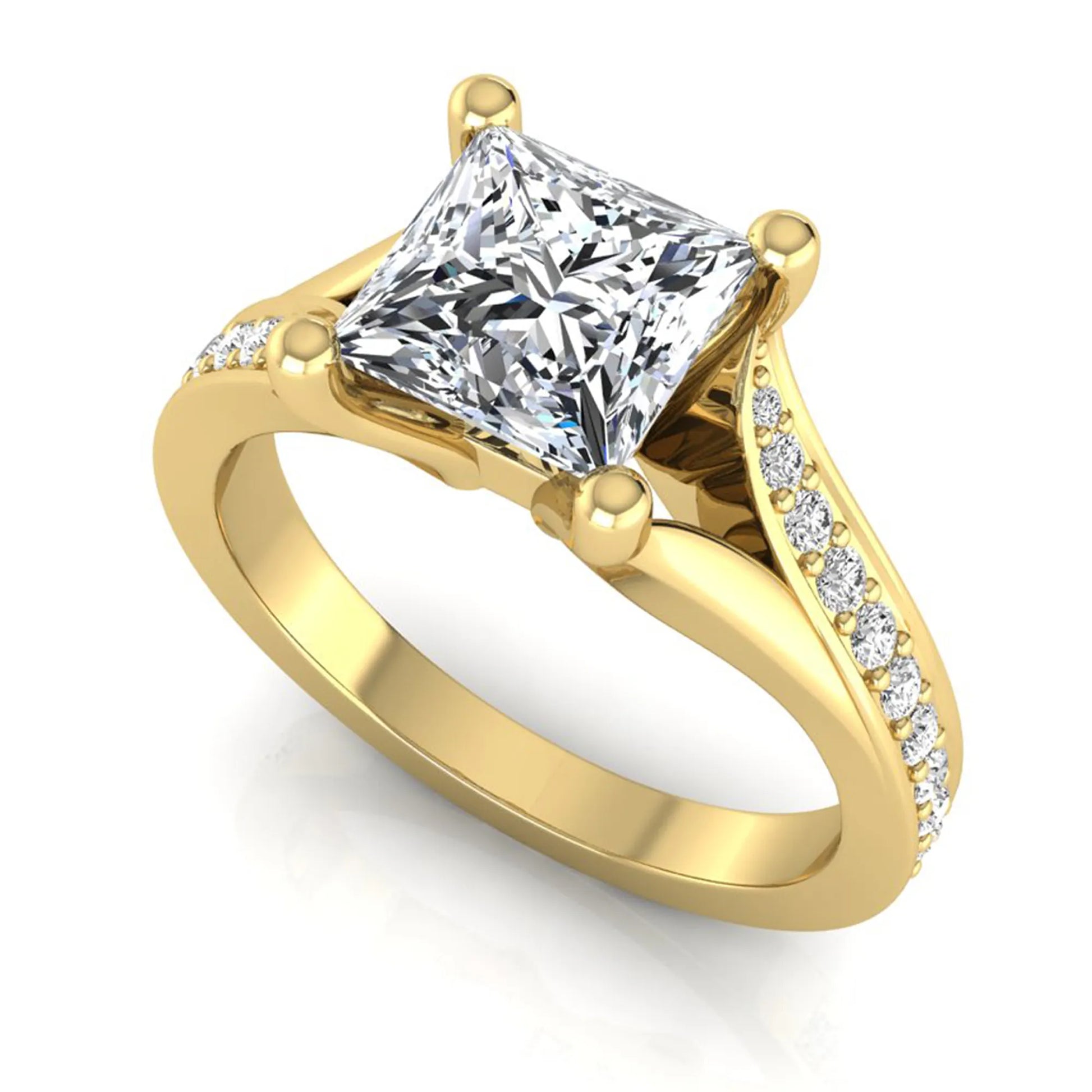 Princess cut lab grown diamond split shank engagement ring featuring a four-prong setting with round accent diamonds in a yellow gold tone design.