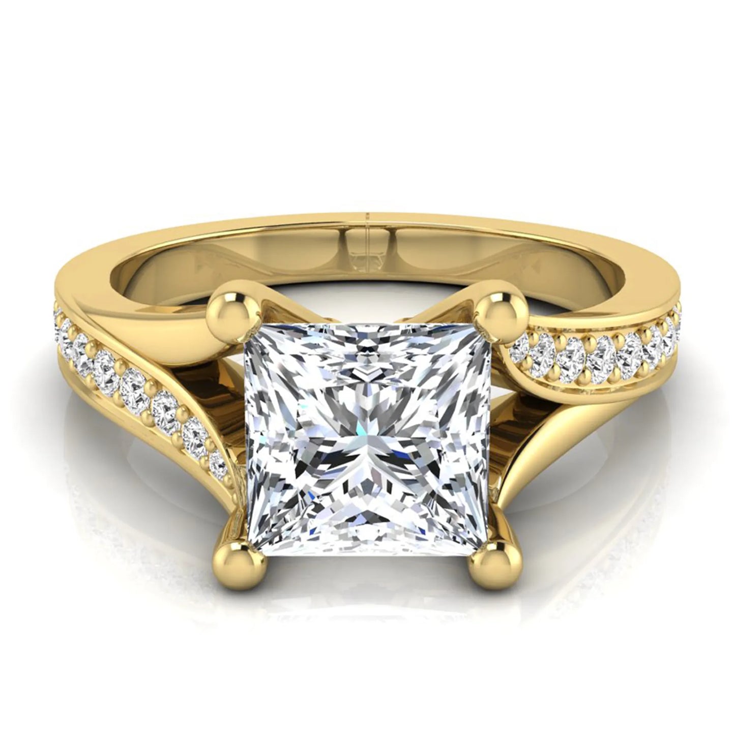 Princess cut lab grown diamond split shank engagement ring featuring a four-prong setting with round accent diamonds in a yellow gold tone design.