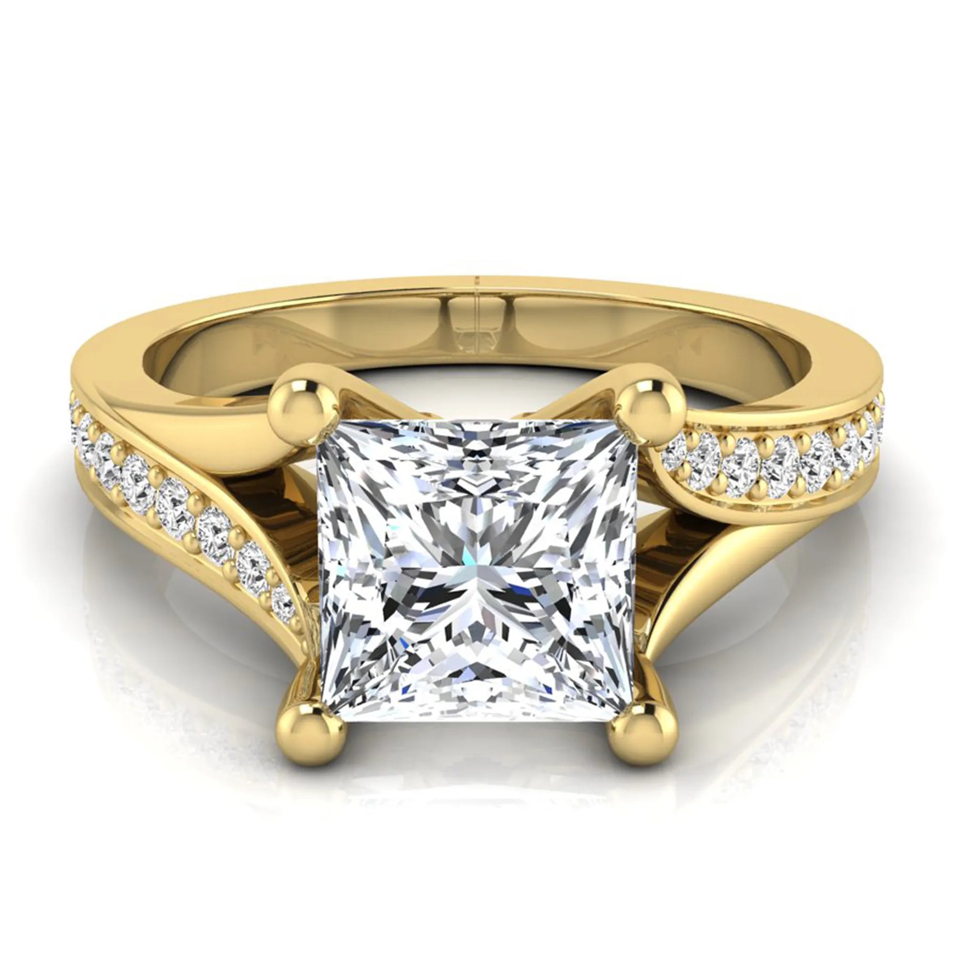Princess cut lab grown diamond split shank engagement ring featuring a four-prong setting with round accent diamonds in a yellow gold tone design.
