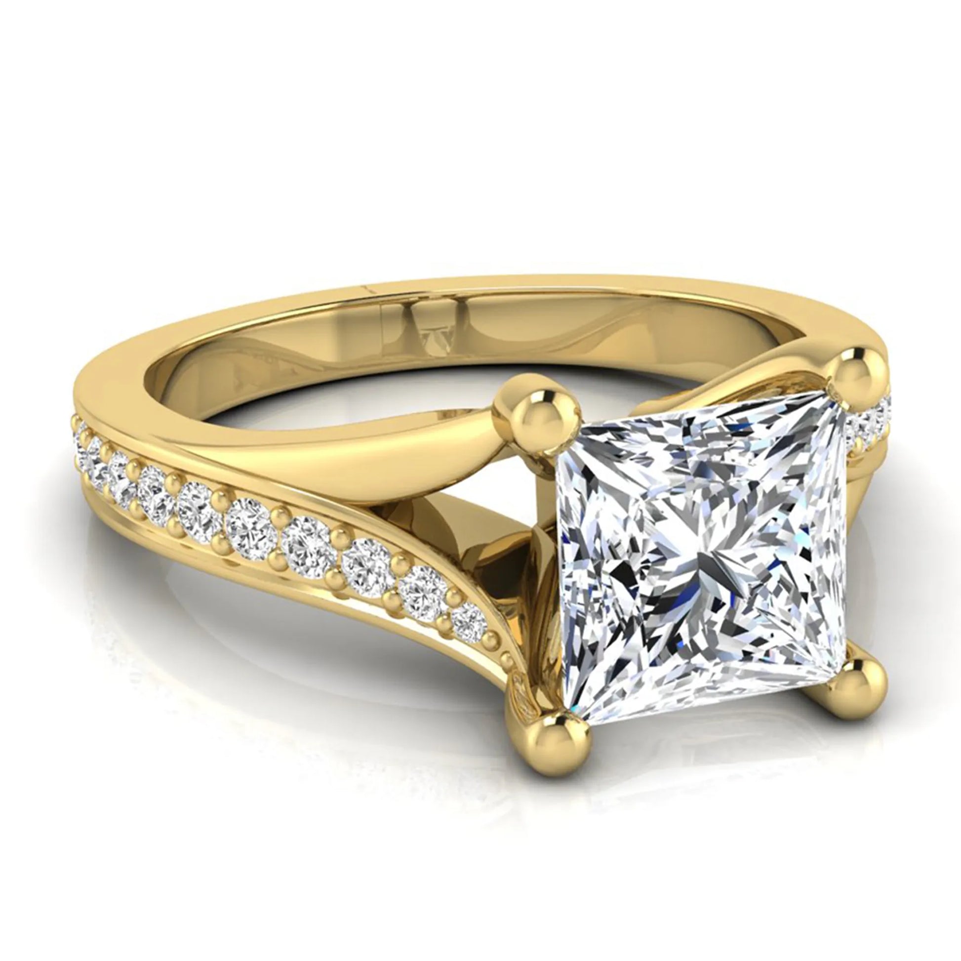 Princess cut lab grown diamond split shank engagement ring featuring a four-prong setting with round accent diamonds in a yellow gold tone design.