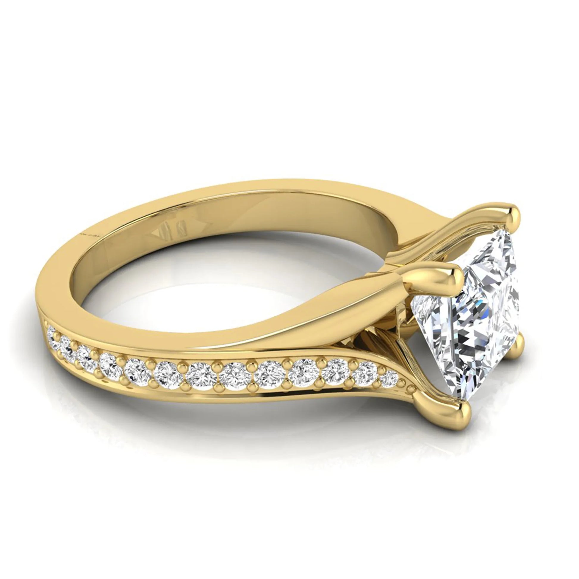 Princess cut lab grown diamond split shank engagement ring featuring a four-prong setting with round accent diamonds in a yellow gold tone design.