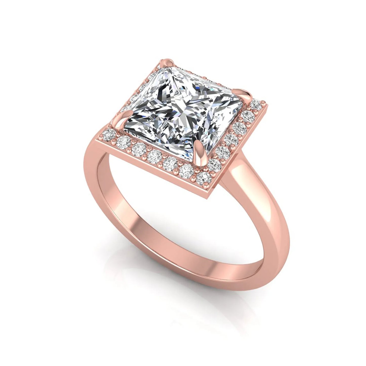 Princess cut lab grown diamond engagement ring featuring an IGI certified center diamond surrounded by a round diamond halo in a classic four-prong setting in rose gold