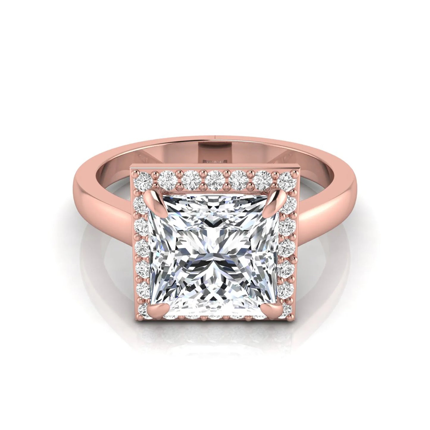 Princess cut lab grown diamond engagement ring featuring an IGI certified center diamond surrounded by a round diamond halo in a classic four-prong setting in rose gold