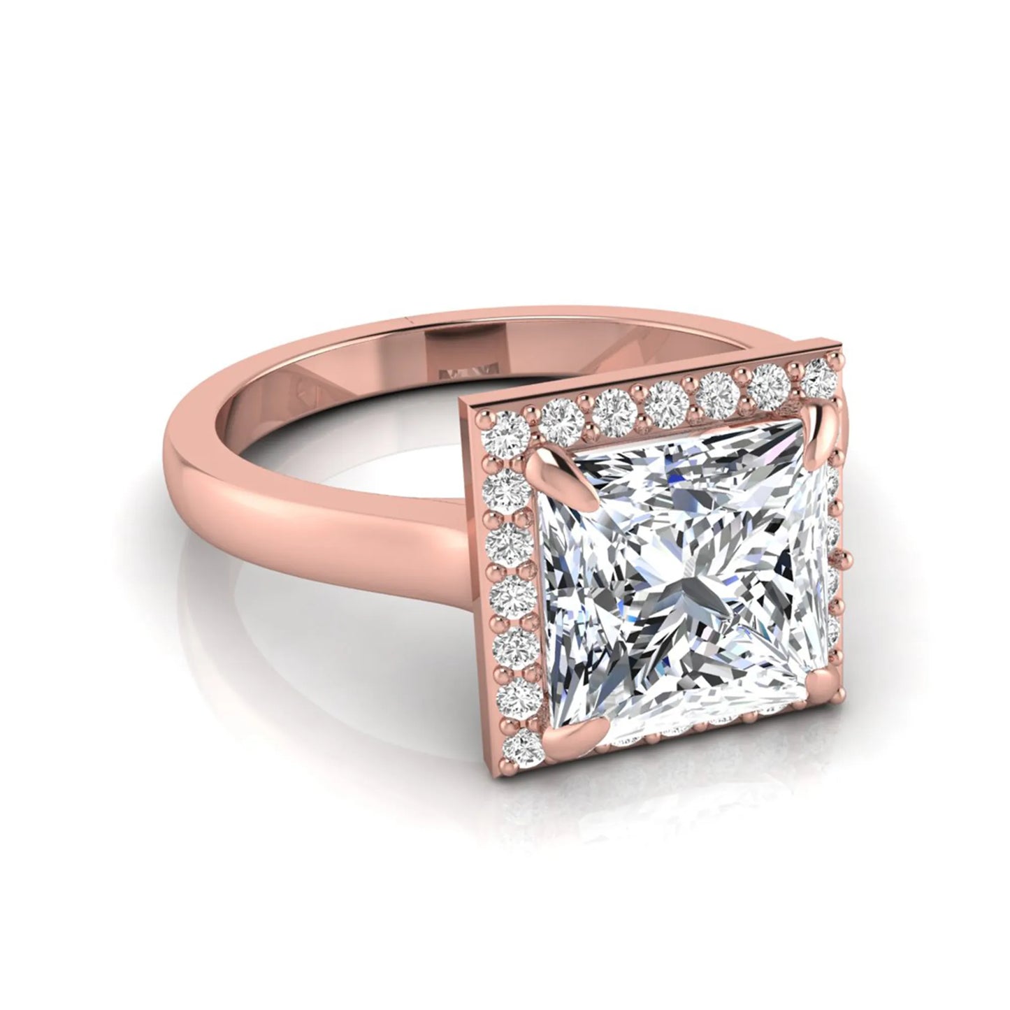 Princess cut lab grown diamond engagement ring featuring an IGI certified center diamond surrounded by a round diamond halo in a classic four-prong setting in rose gold