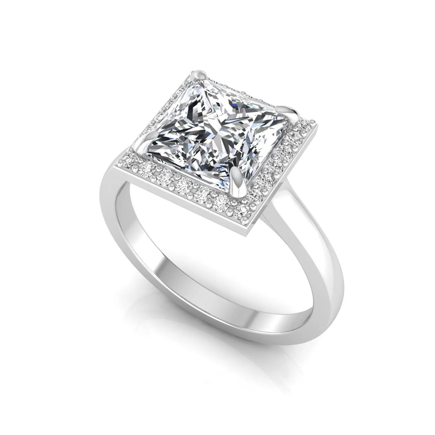 Princess cut lab grown diamond engagement ring featuring an IGI certified center diamond surrounded by a round diamond halo in a classic four-prong setting in white gold