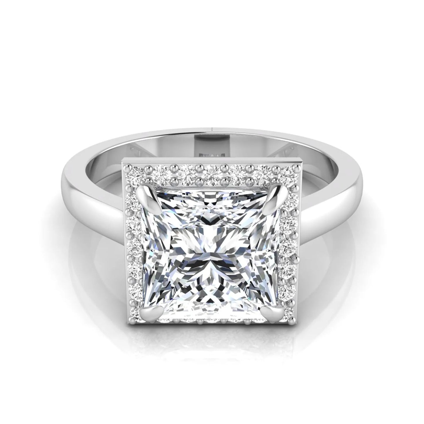 Princess cut lab grown diamond engagement ring featuring an IGI certified center diamond surrounded by a round diamond halo in a classic four-prong setting in white gold