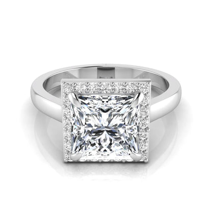 Princess cut lab grown diamond engagement ring featuring an IGI certified center diamond surrounded by a round diamond halo in a classic four-prong setting in white gold
