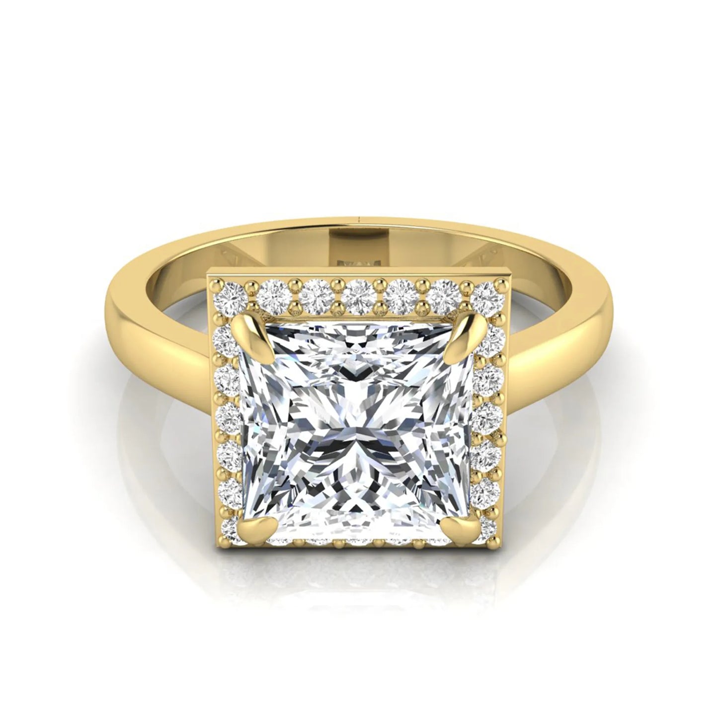 Princess cut lab grown diamond engagement ring featuring an IGI certified center diamond surrounded by a round diamond halo in a classic four-prong setting in yellow gold