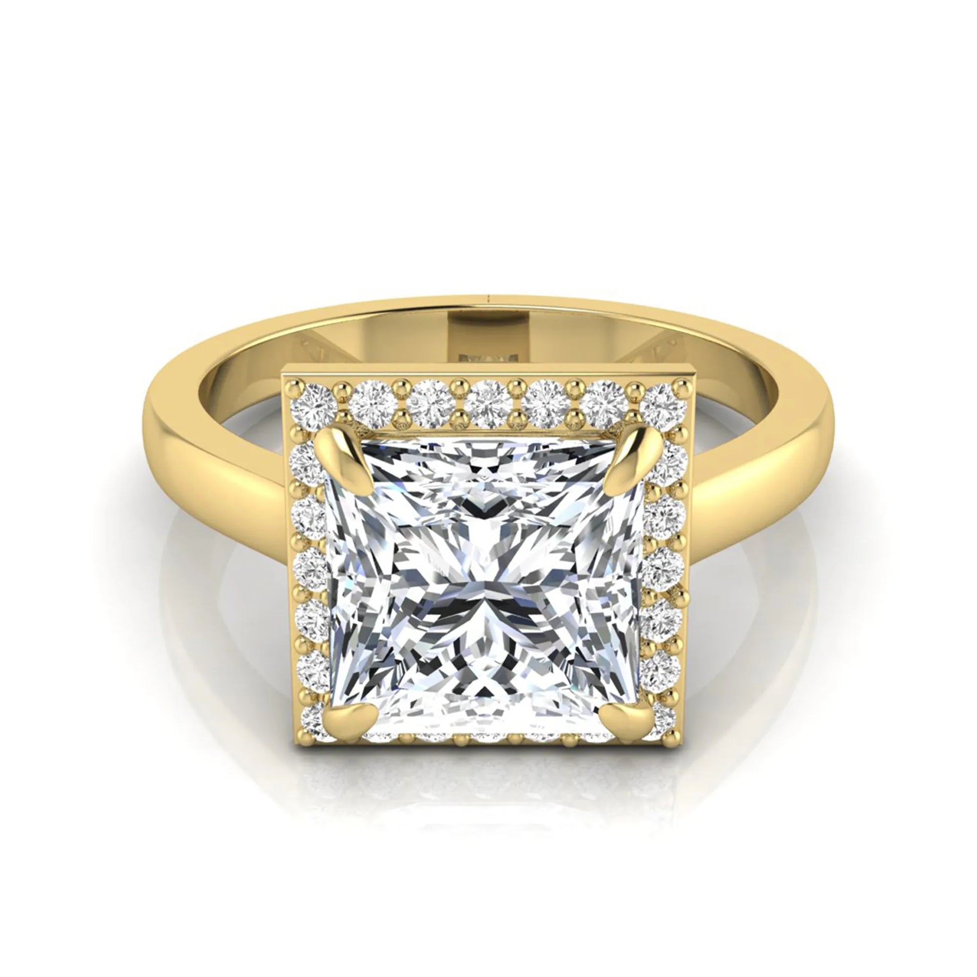 Princess cut lab grown diamond engagement ring featuring an IGI certified center diamond surrounded by a round diamond halo in a classic four-prong setting in yellow gold