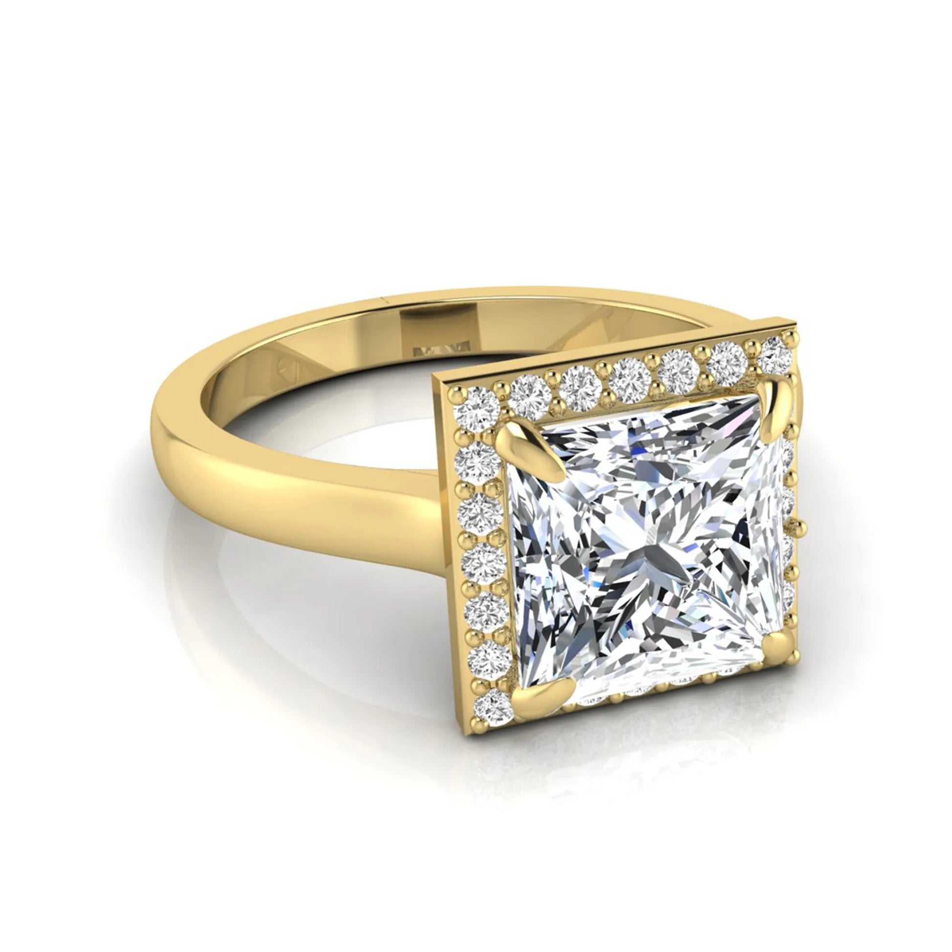 Princess cut lab grown diamond engagement ring featuring an IGI certified center diamond surrounded by a round diamond halo in a classic four-prong setting in yellow gold