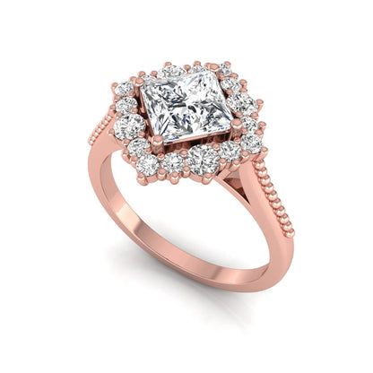 Princess cut lab grown diamond halo engagement ring with round diamond halo in rose gold tone setting