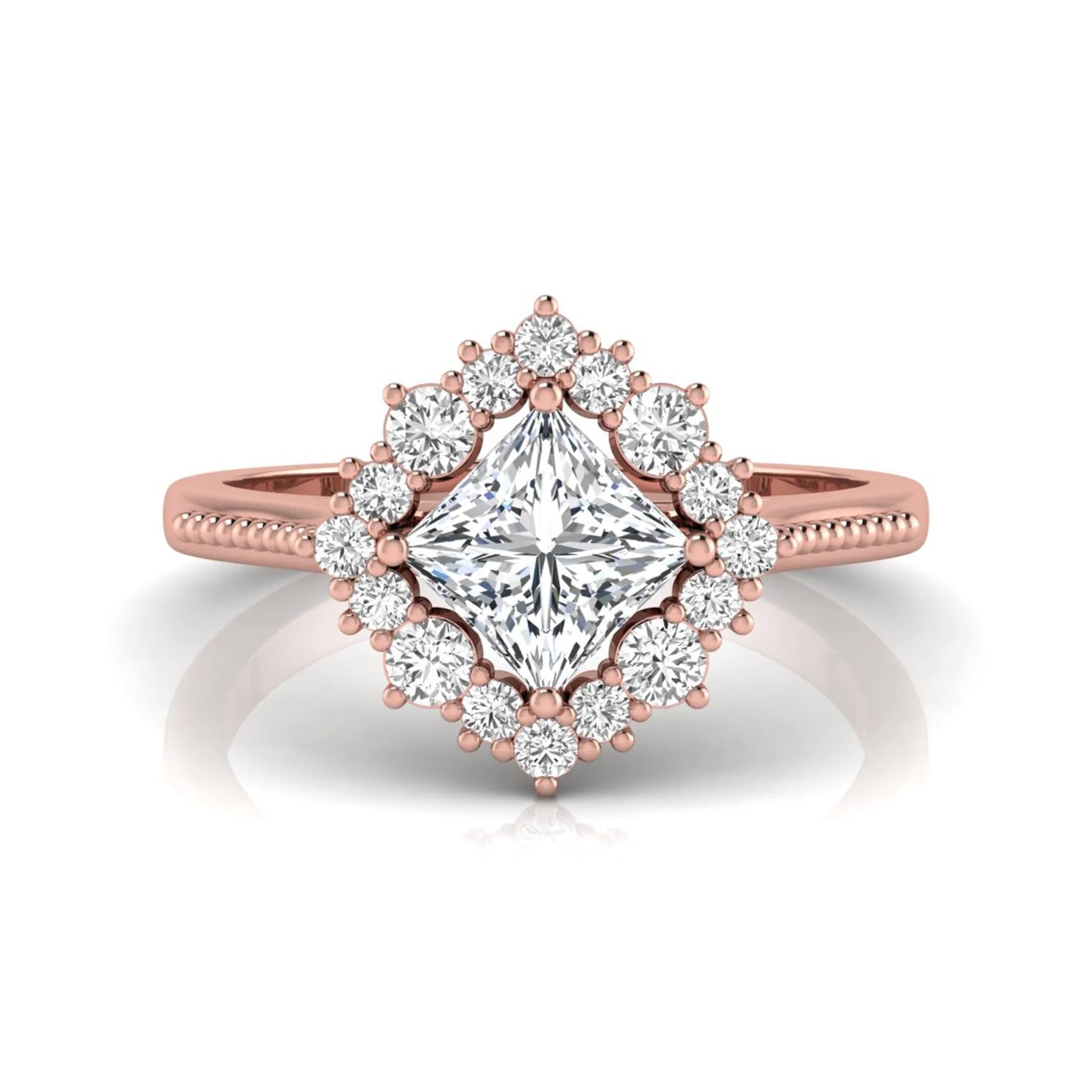 Princess cut lab grown diamond halo engagement ring with round diamond halo in rose gold tone setting