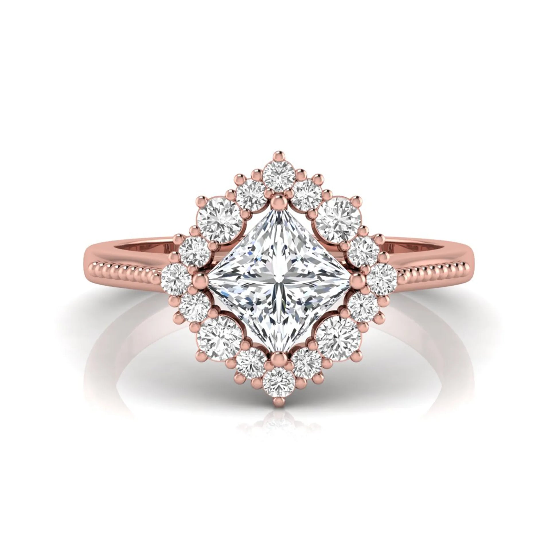 Princess cut lab grown diamond halo engagement ring with round diamond halo in rose gold tone setting