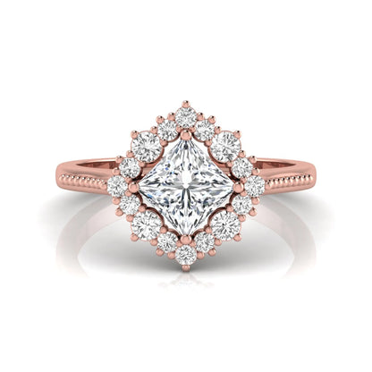 Princess cut lab grown diamond halo engagement ring with round diamond halo in rose gold tone setting