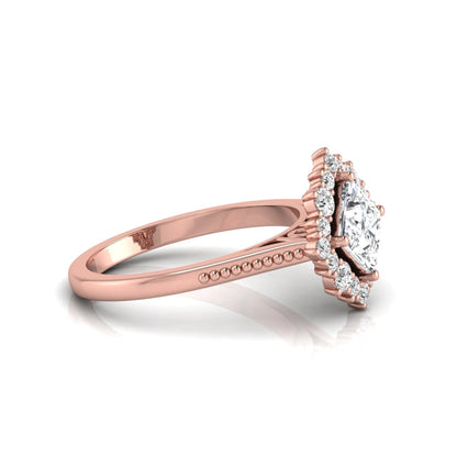 Princess cut lab grown diamond halo engagement ring with round diamond halo in rose gold tone setting