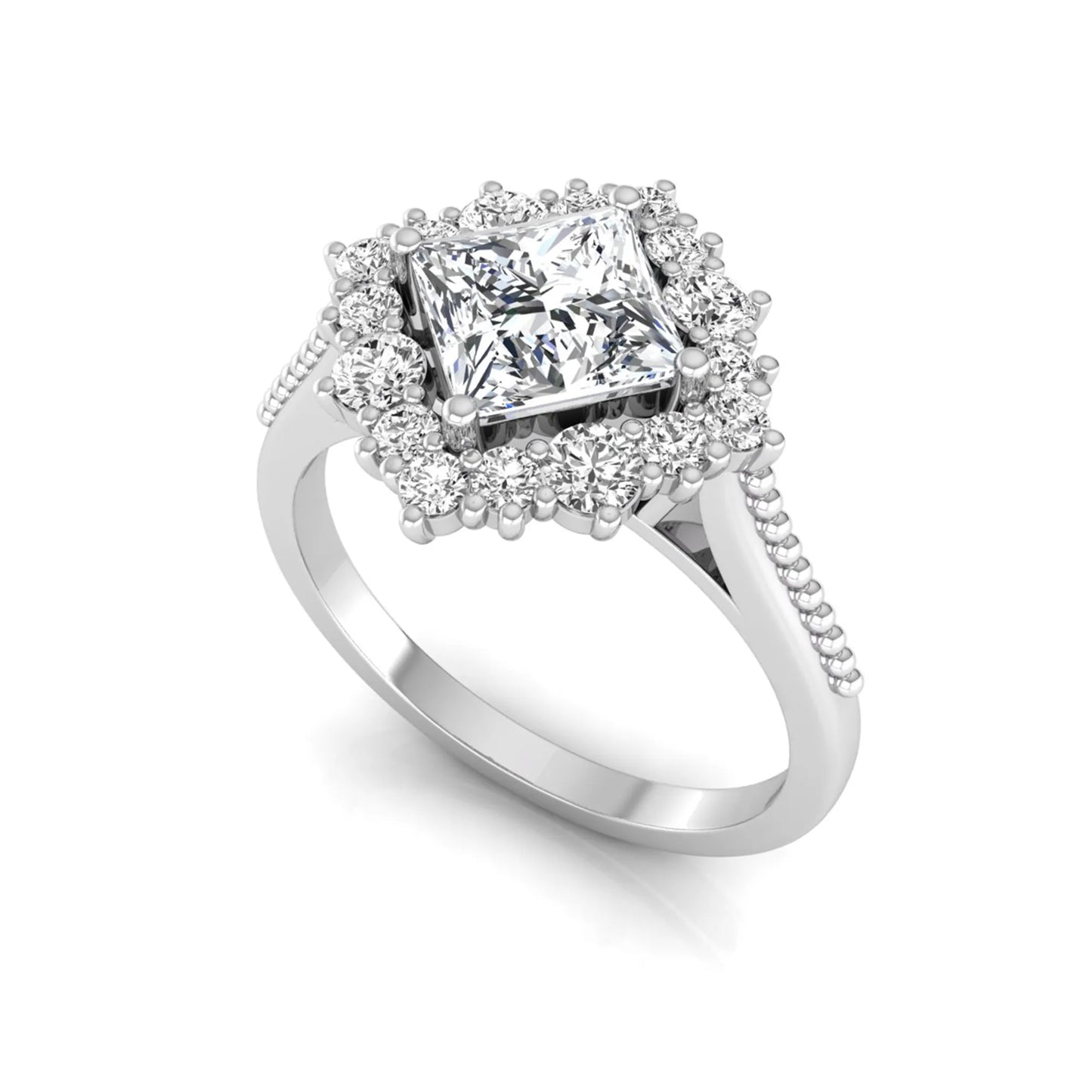 Princess cut lab grown diamond halo engagement ring with round diamond halo in white gold tone setting