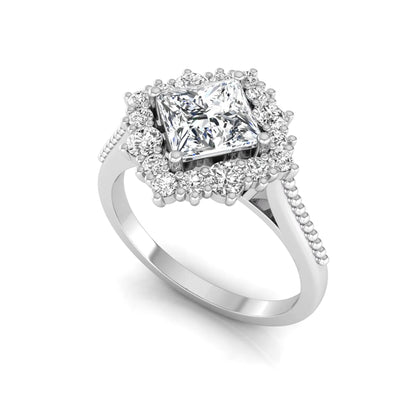 Princess cut lab grown diamond halo engagement ring with round diamond halo in white gold tone setting