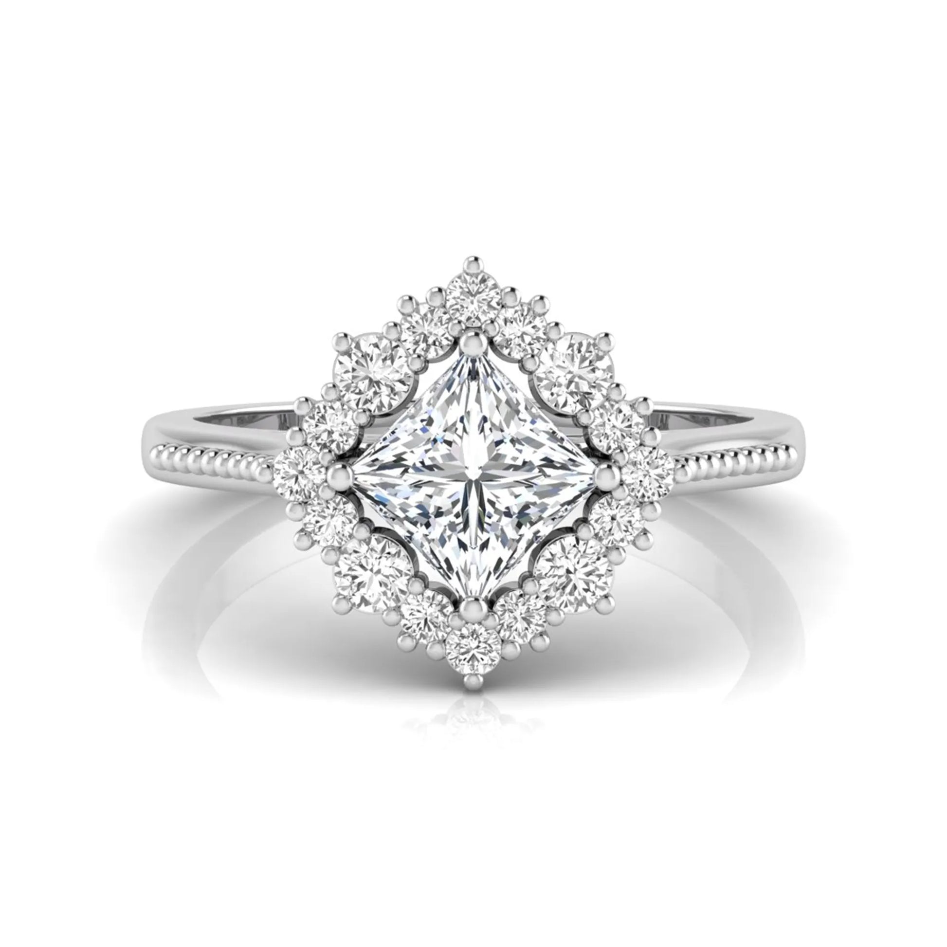 Princess cut lab grown diamond halo engagement ring with round diamond halo in white gold tone setting