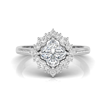 Princess cut lab grown diamond halo engagement ring with round diamond halo in white gold tone setting