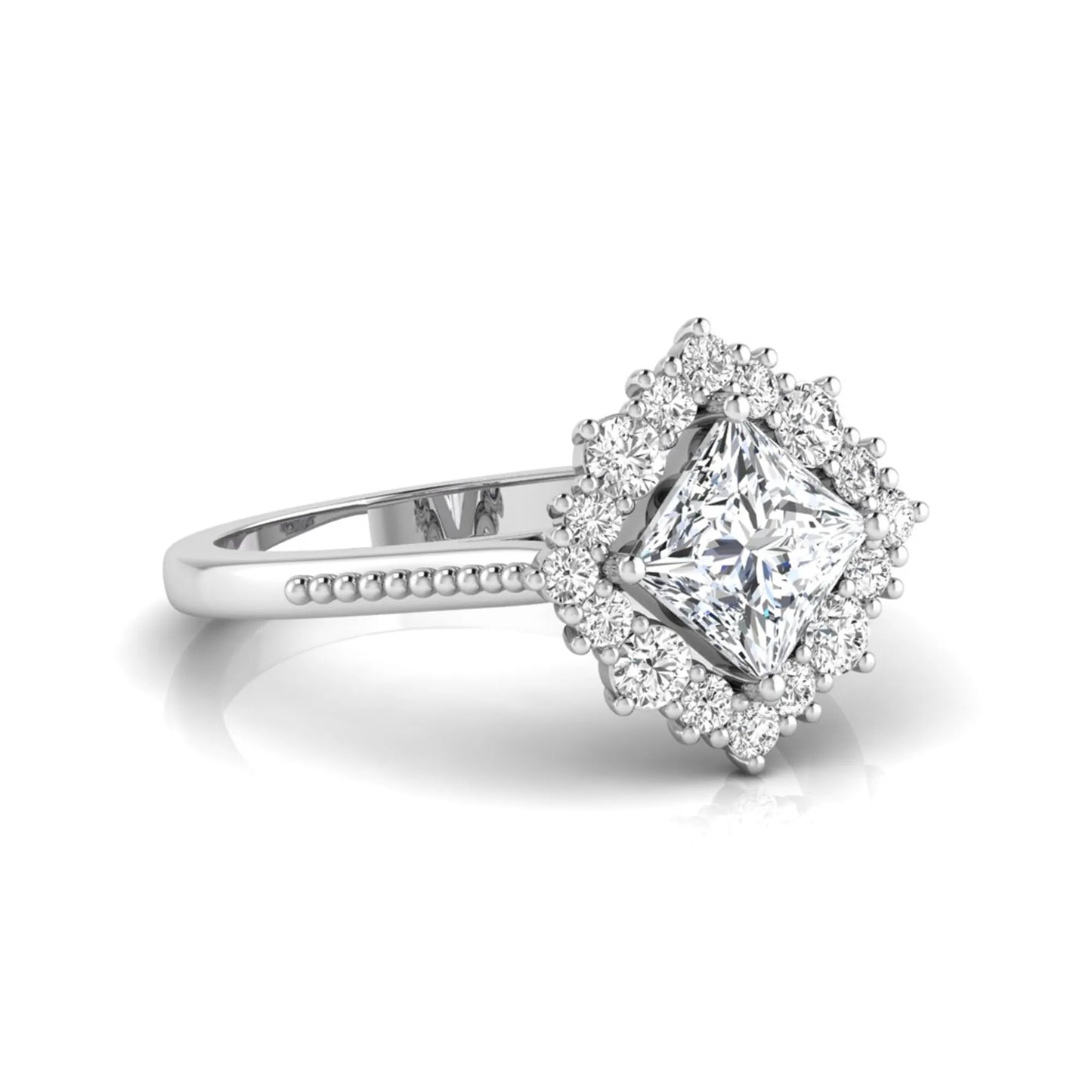 Princess cut lab grown diamond halo engagement ring with round diamond halo in white gold tone setting