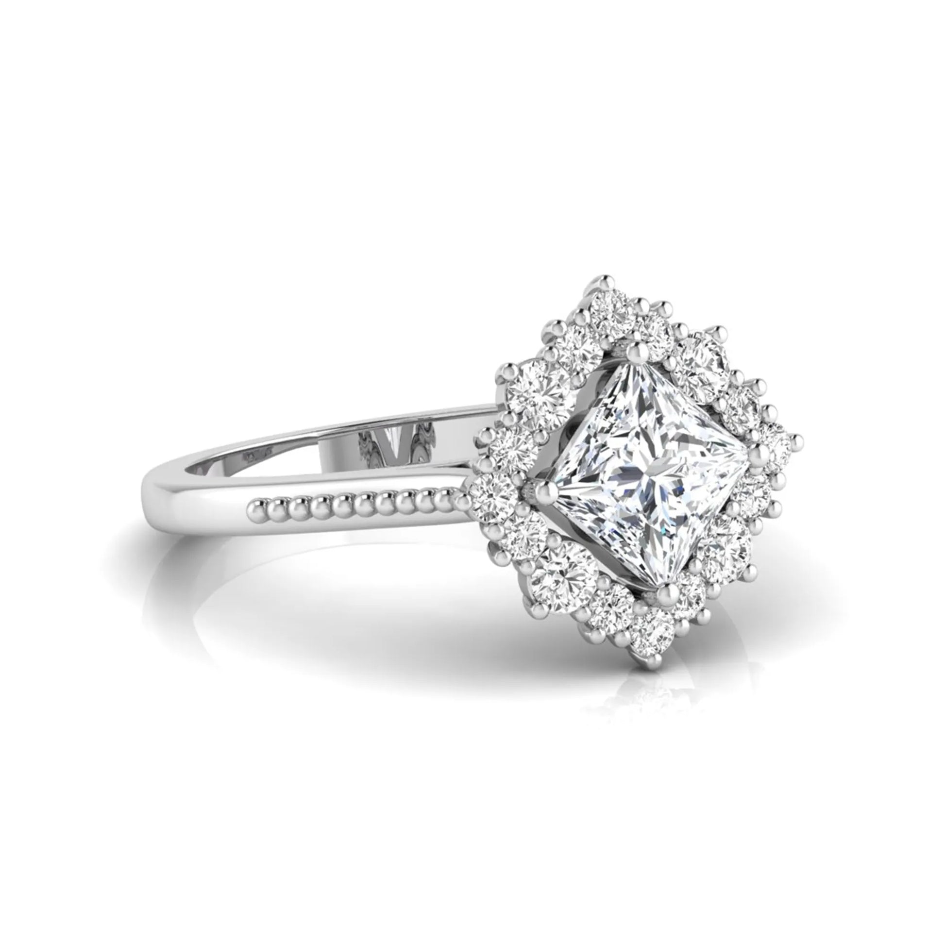Princess cut lab grown diamond halo engagement ring with round diamond halo in white gold tone setting