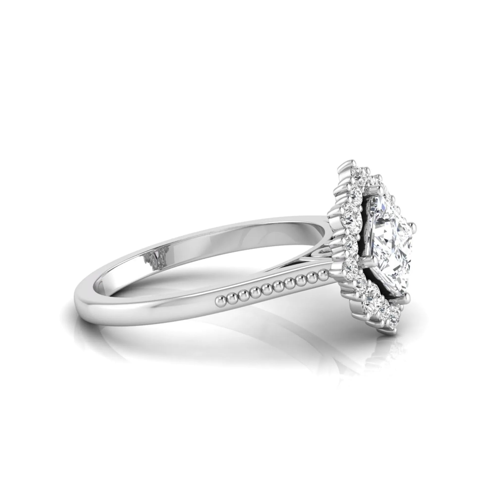 Princess cut lab grown diamond halo engagement ring with round diamond halo in white gold tone setting
