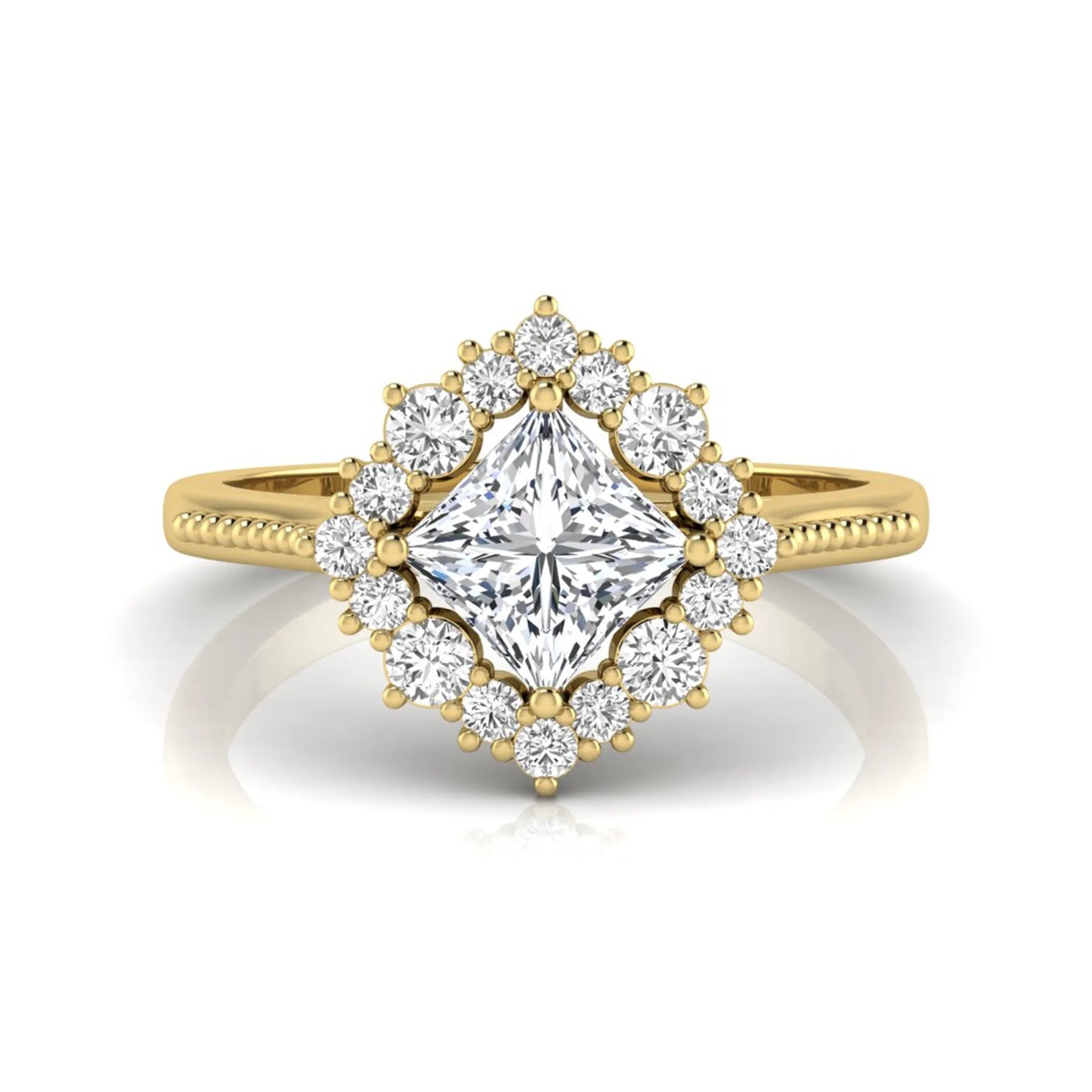 Princess cut lab grown diamond halo engagement ring with round diamond halo in yellow gold tone setting