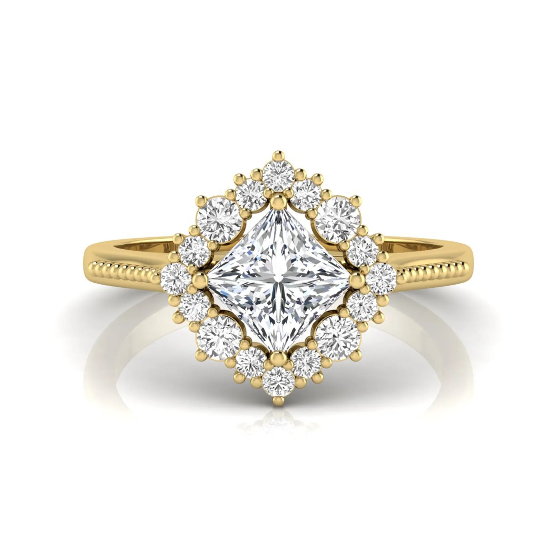 Princess cut lab grown diamond halo engagement ring with round diamond halo in yellow gold tone setting